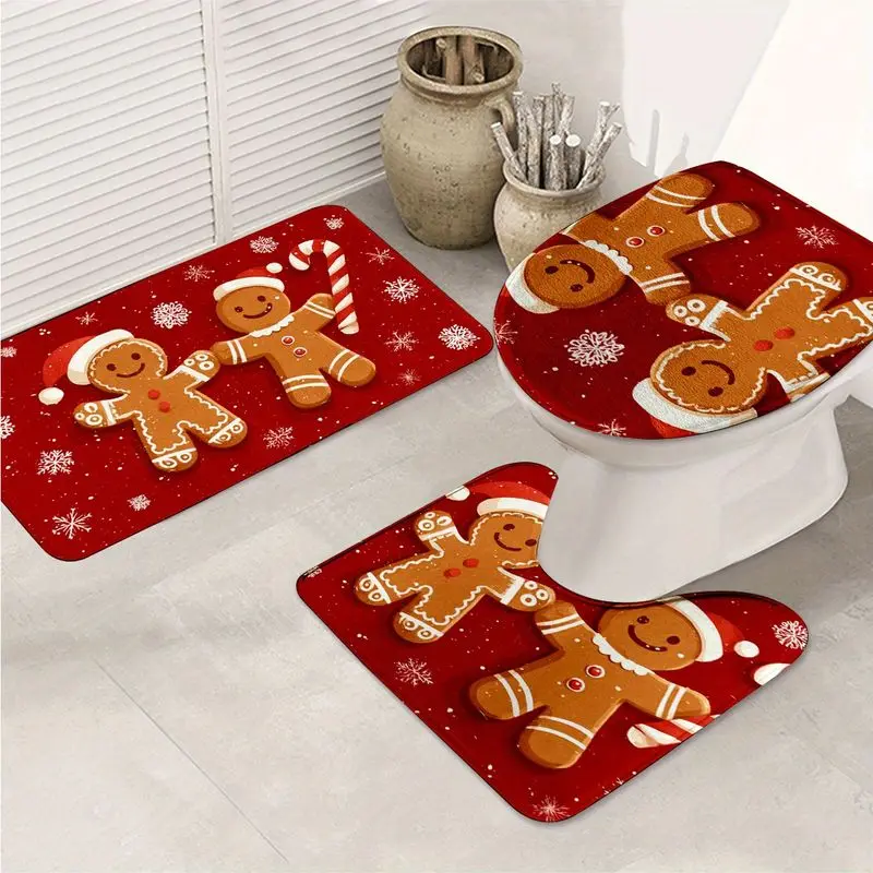 VIKAMA Christmas Toilet Mat Set Gingerbread Man Print Flannel Bathroom Rug Toilet Seat Cover U Shape Non Slip Washable Floor Mat