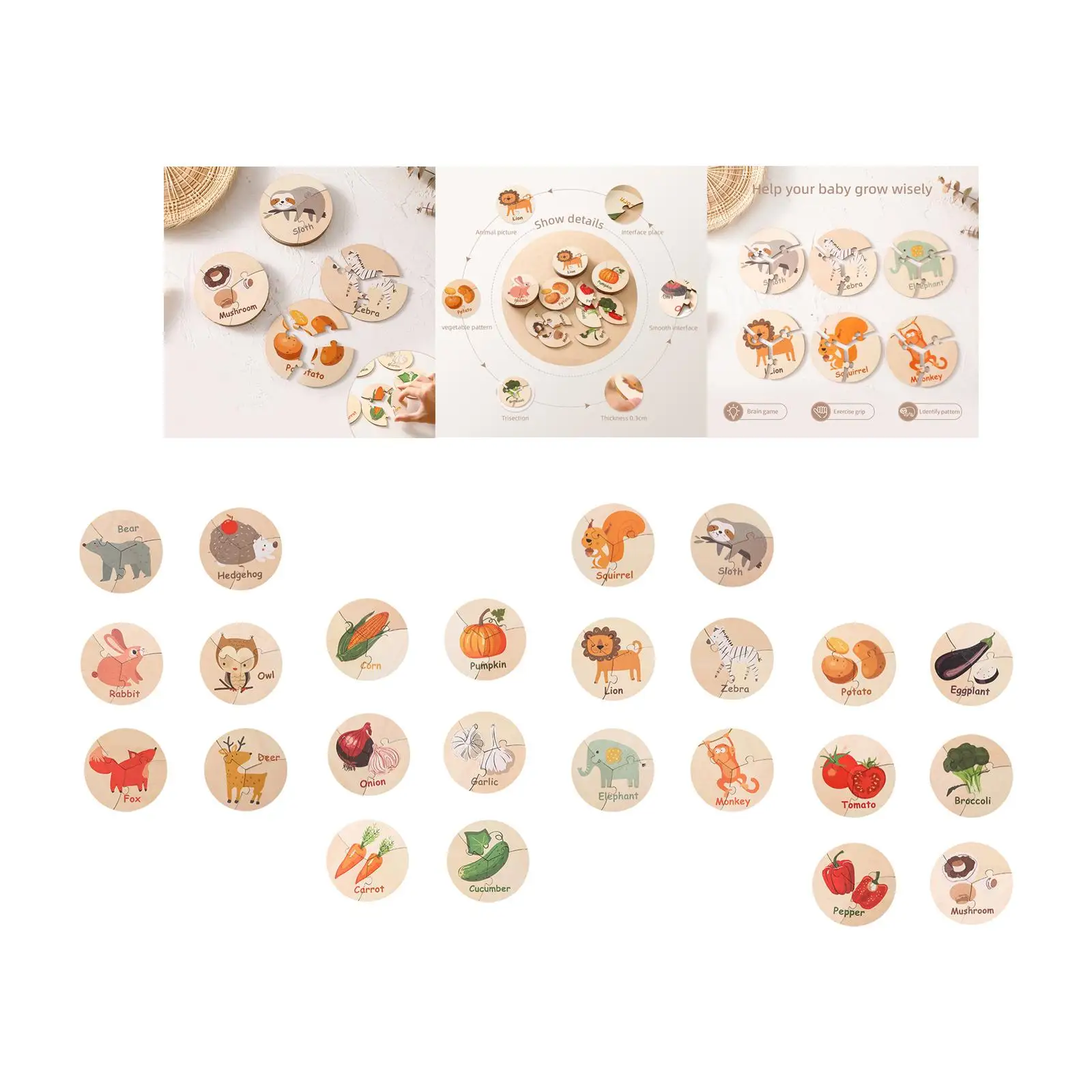 6Pcs Wooden Puzzles Colors Shapes Learn Fine Motor Skills for Gifts