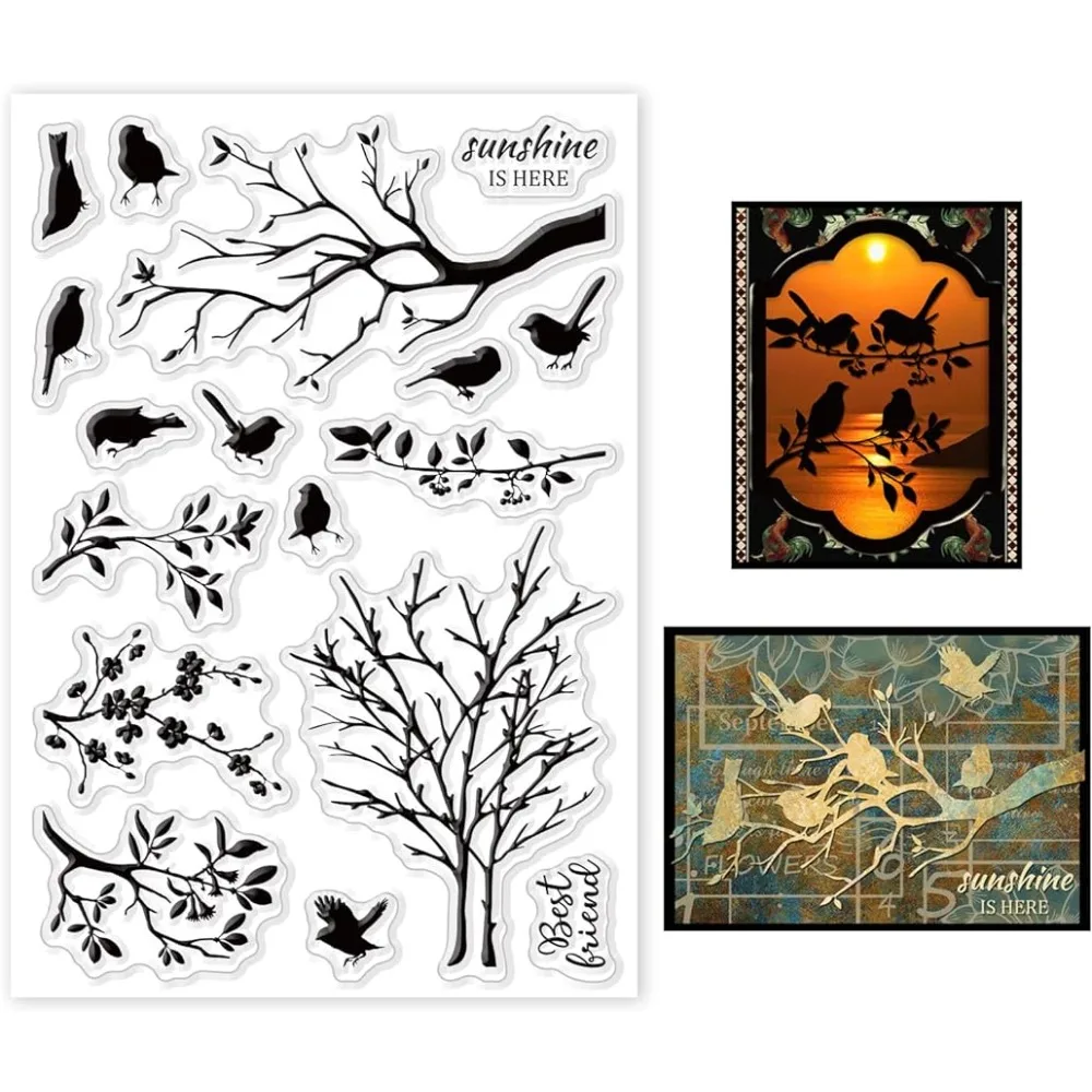 Birds and Branches Clear Stamps for Cards Making Tree Flower Silhouettes Silicone Clear Stamp Seals for DIY Scrapbooking Photo