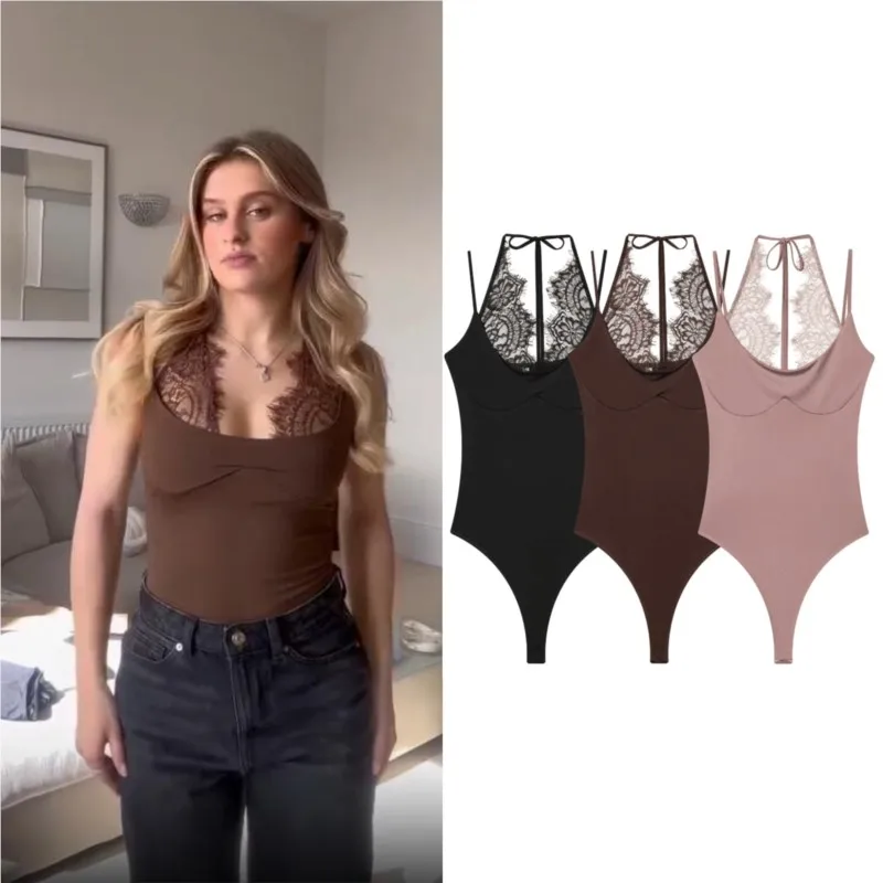 

Women's Bodysuits 2026 Summen Sexy Splicing Lace Halter Neck Backless Bodysuits Fashion Sleeveless Female Tops