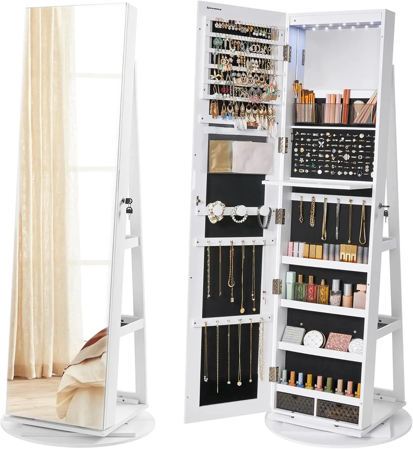 

6-LED Lockable Mirror Jewelry Cabinet with 360° Swivel, Full-Length Frameless Mirror, 3 Shelves, White and Black