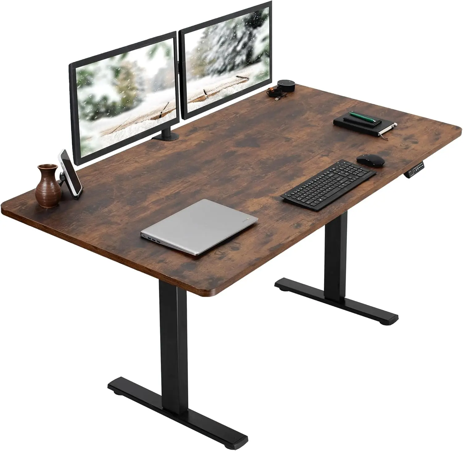 

71 x 36 inch country style upright desk, desktop workstation, memory controller height adjustment, retro brown top black frame