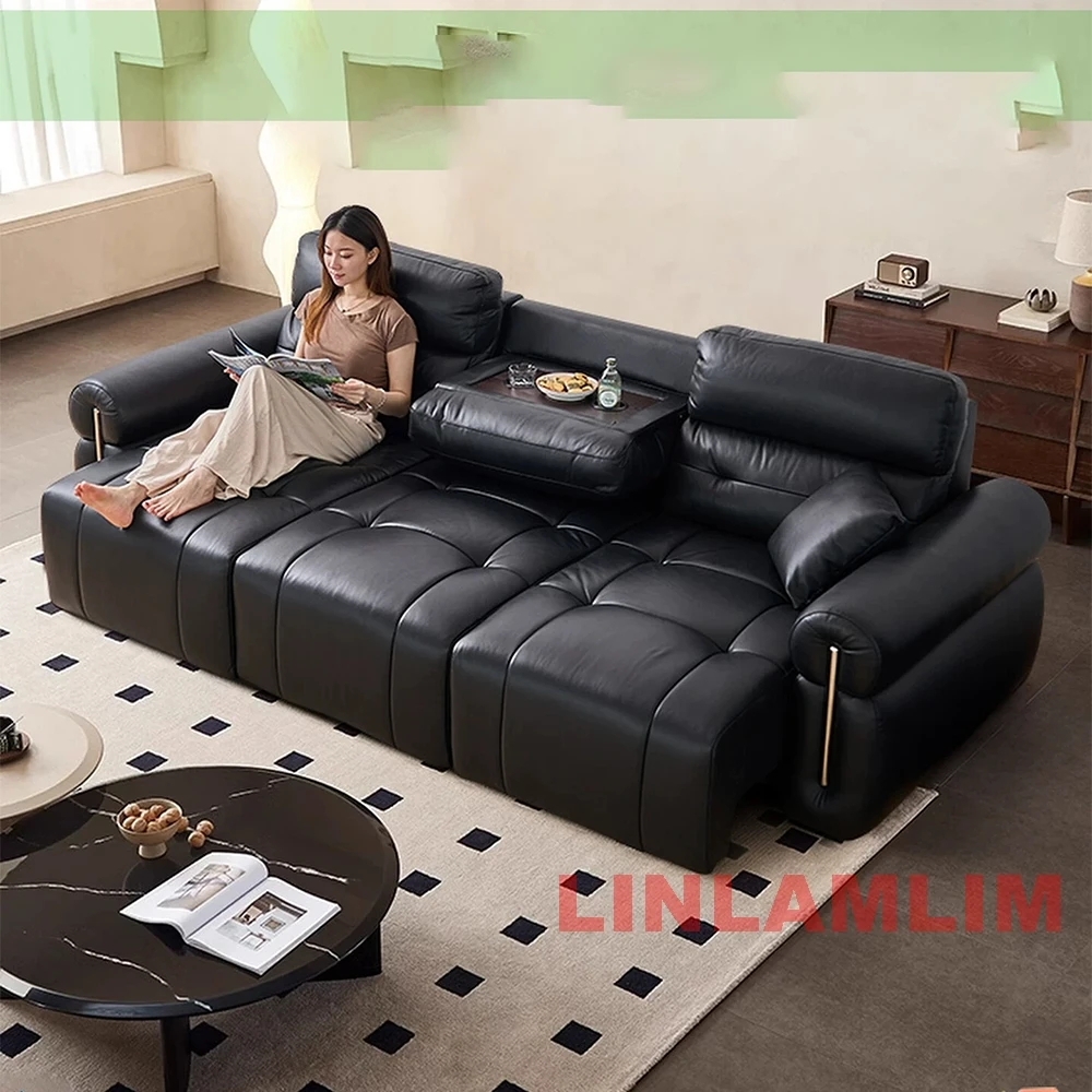 Modern Genuine Leather Convertible Sofa Bed with Adjustable Headrests and Fold-Down Console /Socket, Pull-Out Sleeper Sofa Couch