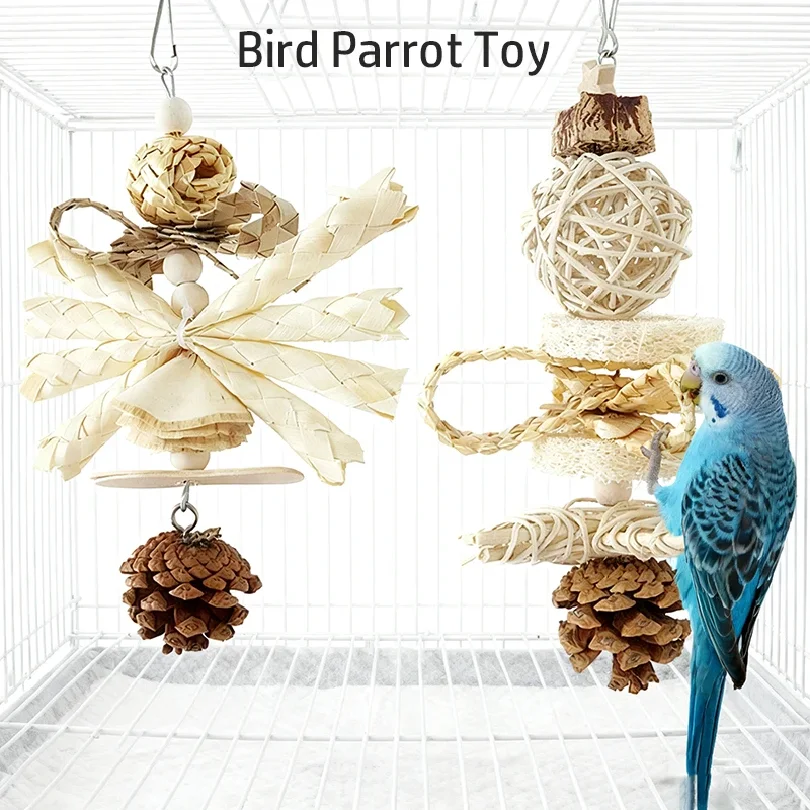 Natural Bird Chew Toy for Parrots Woven Grass Wooden Chip Fruit Chewing String Safe Non-Toxic Bird Cage Supplies Chewable Toys