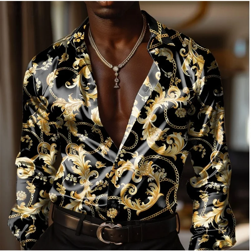 

Men's Baroque satin shirt, men's long sleeved fashionable casual formal wear, vacation dinner party, summer spring and autumn co