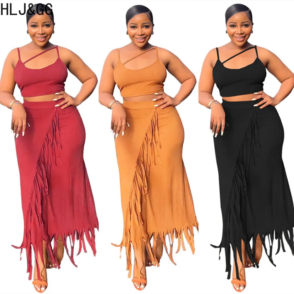 HLJ&GG Fashion Ribber Solid Color Tassels Skirts Two Piece Sets Women Sleeveless Crop Vest And Skirt Outfits Casual 2pcs Clothes