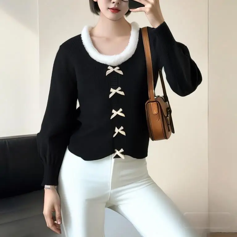 

2024 Autumn/Winter New Long Sleeve Knitted Shirt Top Women's Sweet Style Simple Round Neck Hairy Edge Butterfly Knitted Shirt