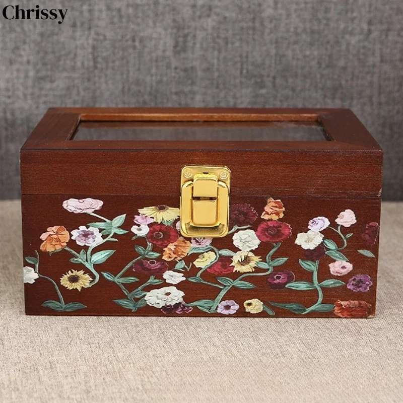 

Wooden Jewelry Box Bracelet Necklace Jewelry Storage Boxes Earrings Rings Accessory Organizer with Lock Transparent Cover Case