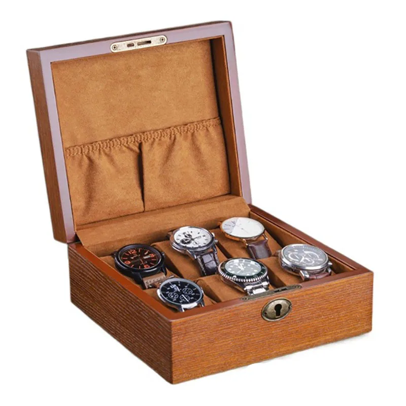 

Wooden Watch Box with Lock Watch Boxes Storage Case 6 Slots Bracelet Jewelry Wrist Watches Tray Display Organizer Collection