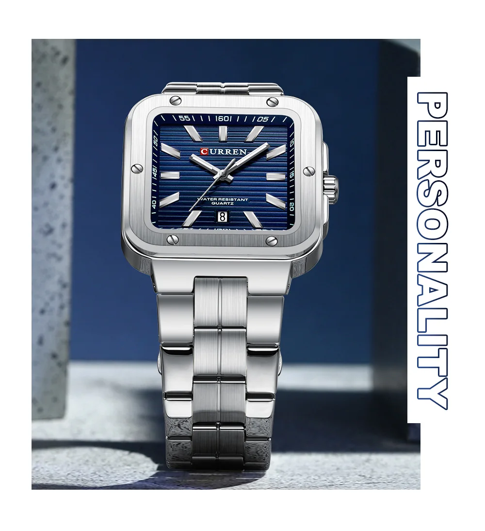 CURREN Einzigartige Quadratische Herrenuhr mit Grünem Zifferblatt - Edelstahlarmband, Business-Casual-Stil Quarz-Armbanduhren für Männer – Detail 10