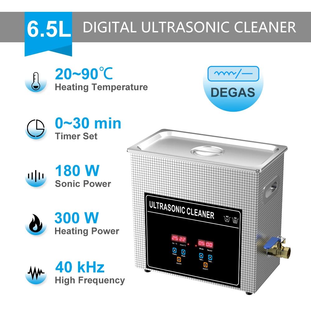 Ultrasonic Cleaner Bath 6.5L 180W 40kHz with Degas Heating Timer Cleaning Basket Ultrasound Machine Cleaning Washer Tank