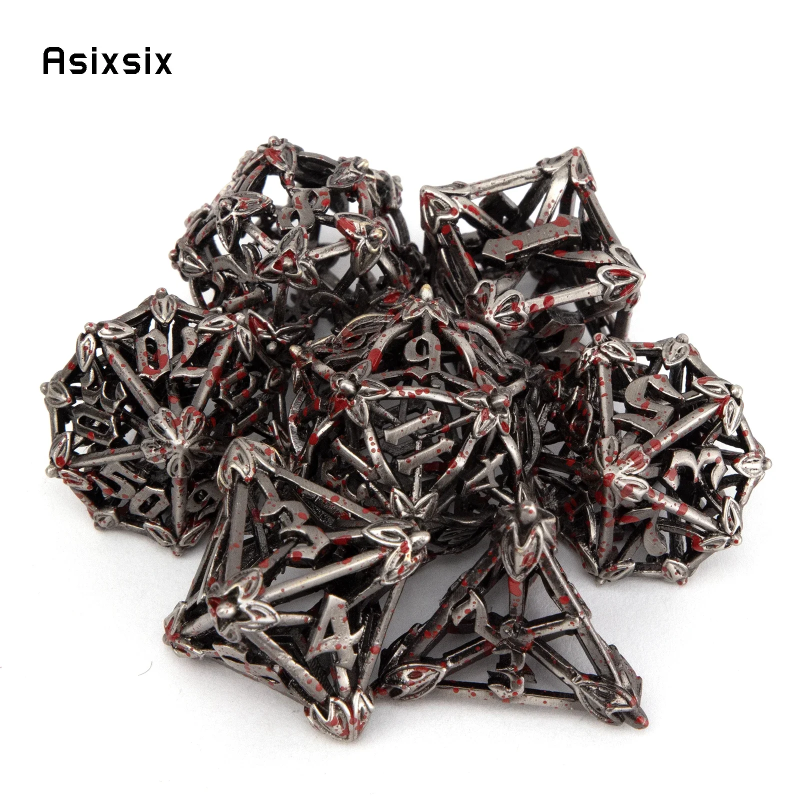 

7 Pcs Silver Red Leaf Flower Metal Dice Hollow Metal Polyhedral Dice Set Suitable for Role-Playing RPG Board Game Card Game