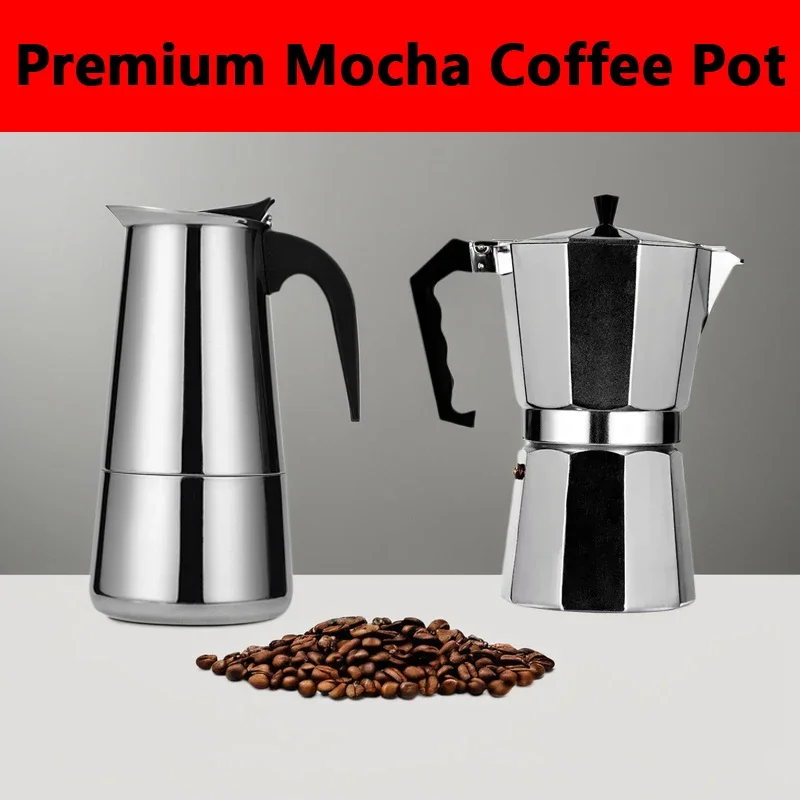 

Кофеварка Moka Pot 50 мл-600 мл из нержавеющей стали, перколятор для кафе, итальянская кофемашина, подходит для индукционных плит, посуда для кофе