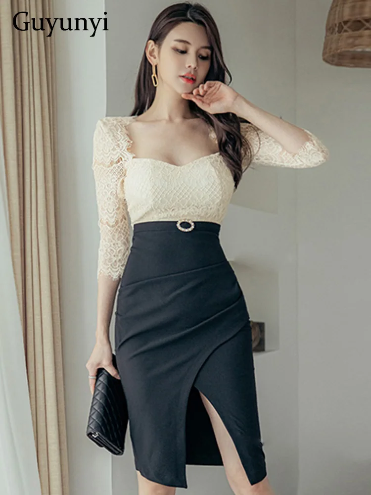 

Elegant Office Lady Dress Spring Lace Square Neck 3/4 Sleeves High Waistline Stitching Tight Fitting Asymmetric Party Mini Dress