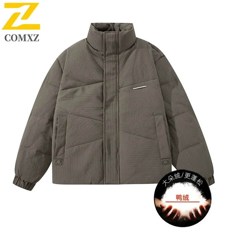COMXZ Luxury Mens Down Jacket Stand Collar Solid Color Outdoor Snow Anti-Cold Parka Korean Fashion Windproof Winter Filler Down