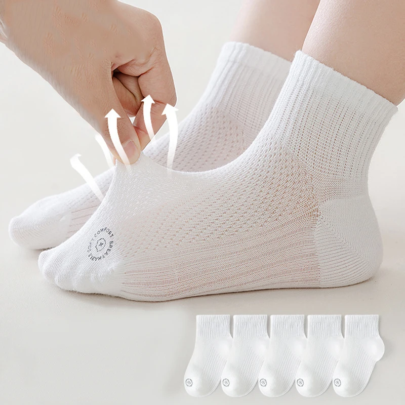 5 pares de calcetines para niños, calcetines deportivos blancos de malla de verano para ciclismo, calcetines para correr de tubo medio para niños y niñas