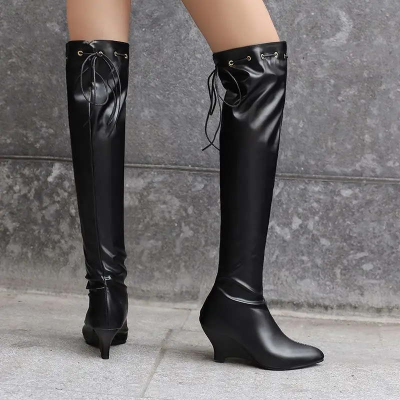 

ORCHA LISA 2025 Sexy Women's Thigh High Boots Pointed Toe 6.5cm Wedge Slip On Lace Up Stretch Plus Size 46-48 Fashion Party