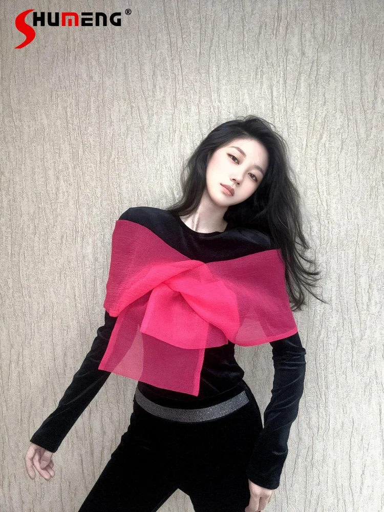 Women's High-end Mesh Gauze Big Butterfly Bow Real Velvet Shirt 2024 Autumn New Slimming Blouse Slim-fit Long-sleeve Trendy Tops