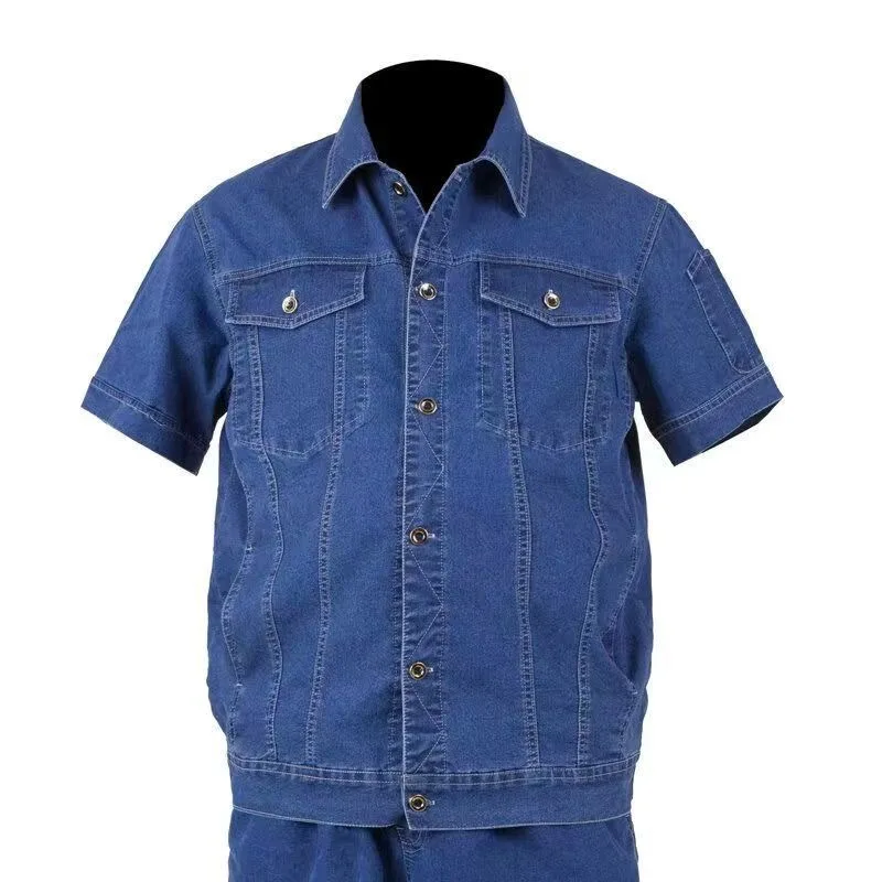 Conjunto de Trabalho em Denim Leve para o Verão para Homens, Manga Longa, Respirável, Resistente ao Calor e ao Desgaste, Ideal para Soldagem e Reparos Automotivos