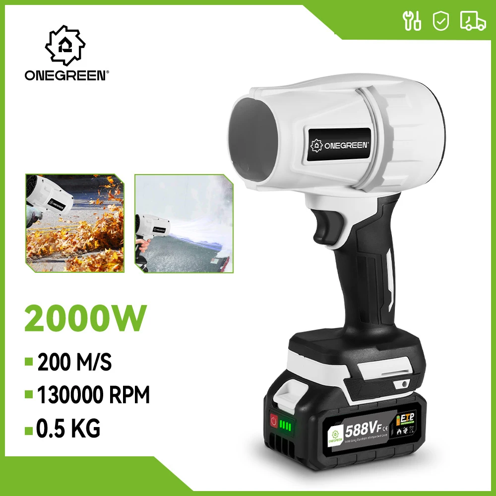 ONEGREEN 2000W Electric Turbo Blower Jet Fan 200M/S Handheld Air Blower Violent Blowing Tool for Makita 18V Battery