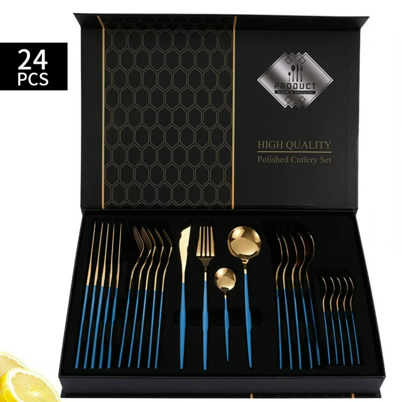 

Ins Explosion Full Nordic Tableware Portugal Table Dishes Set Stainless Steel Cutlery Fork and Spoon 24 Piece Set Gift Pack Bar