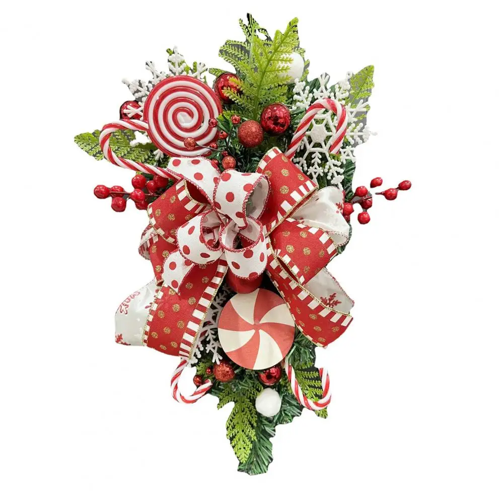 

Indoor Christmas Decoration Outdoor Christmas Decoration Festive Holiday Door Wreath with Fake Lollipop Bow Decorative Leaves