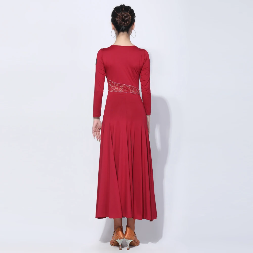 ชุดเดรสแข่งขันมาตรฐานแขนยาว ชุดแสดงบนเวทีสำหรับผู้หญิง คอกลม สีแดงไวน์ แขนสั้น ประดับคริสตัลสำหรับเต้นบอลรูม