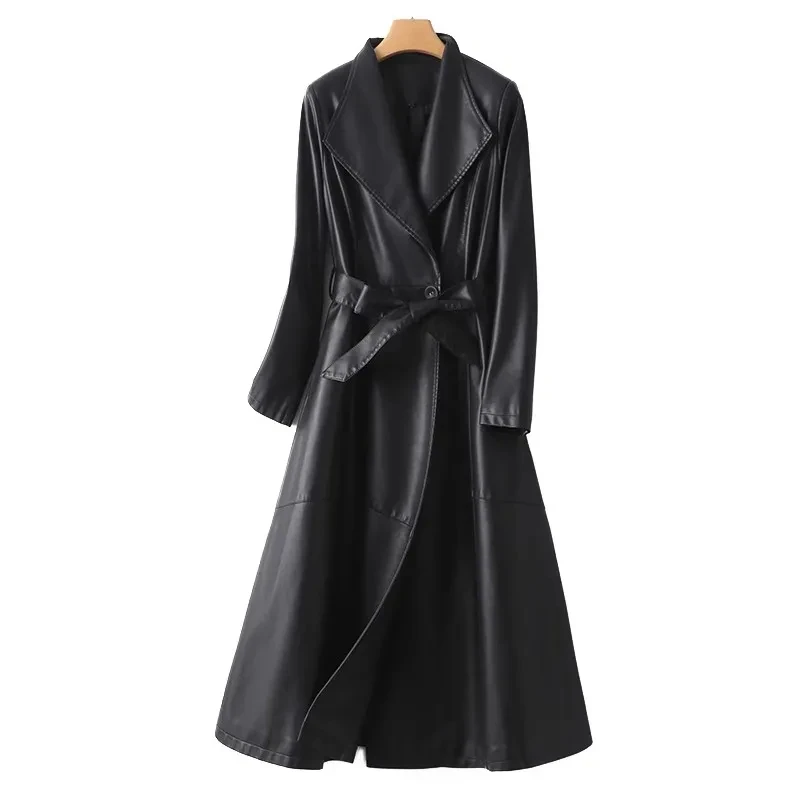 Autumn Winter New Chic Genuine Leather Jacket Women's Overcoat Fashion Mid-Length Collar Korean Slim Leather Windbreakers Coat