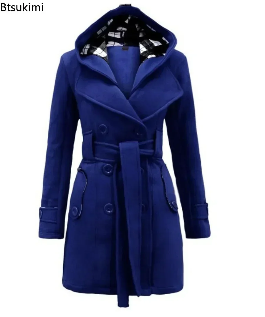 2025 Autumn Women's Hooded Overcoat Trend Double-Breasted Design Belt Side Pockets Plaid Splice Woolen Coats Winter Jacket Femme