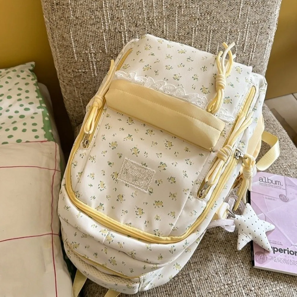 Lace Decor Floral Print Backpack Ultra Lightweight Star Pendant Bookbag Large Capacity Fresh Aesthetic Daypack Back To School