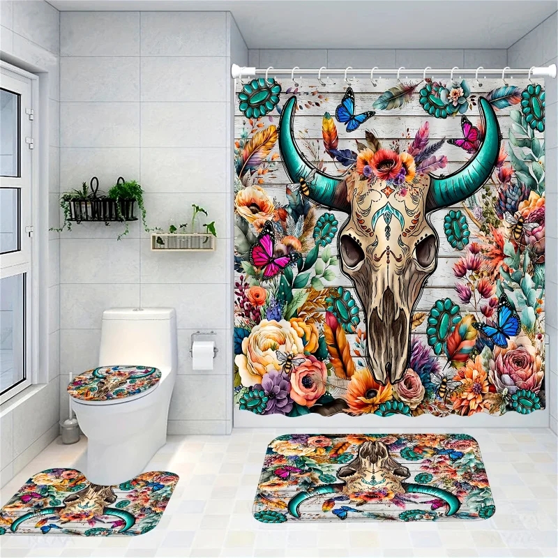 1/4PCs boho skull printed shower curtain set, waterproof shower curtain with hooks, non-slip bathroom rug, toilet U-shape mat, t