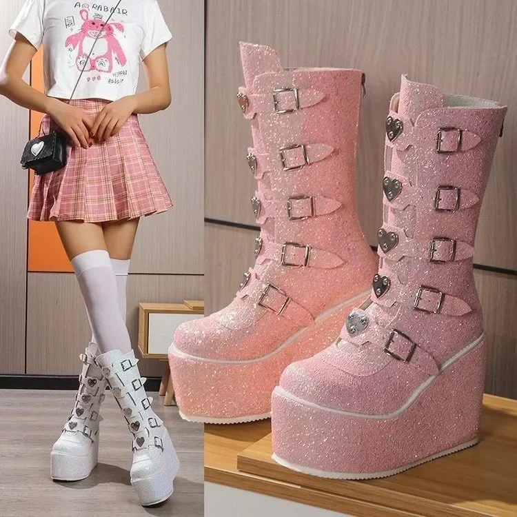 Punk Sequin Boots Ladies Cosplay Comfort Long Tube Pink Platform High Wedges Gothic Zapatos De Mujer Socofy Chaussures Femmes