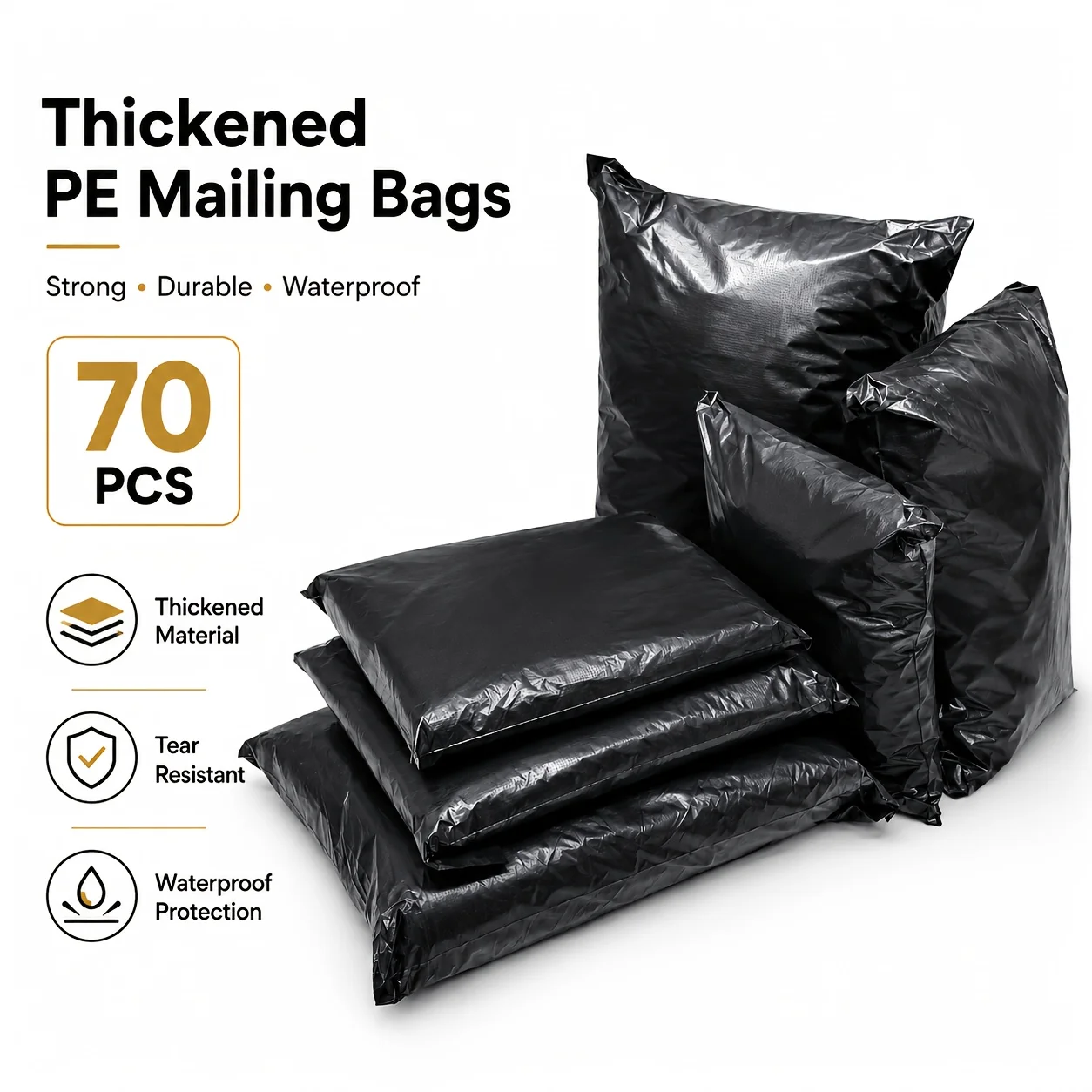 70Pcs Black Thickened PE Self-Adhesive Mailing Bags, Multi Sizes Available, Opaque Waterproof Shipping Envelopes for Clothes, Sh view 2