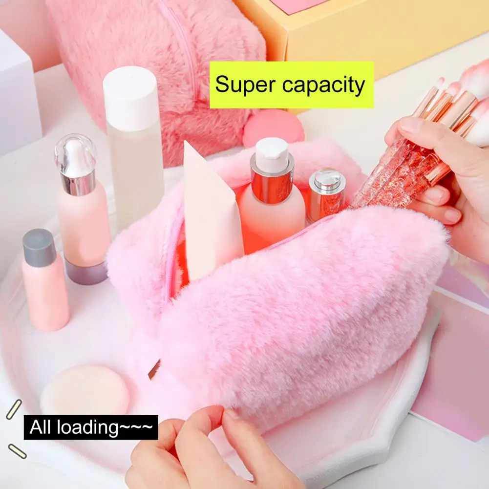 Cute Fur Cosmetic Bag Large Capacity Portable Soft Fuzzy Plush Solid Color Travel Washing Toiletry Makeup Case Plush Pen Pouch