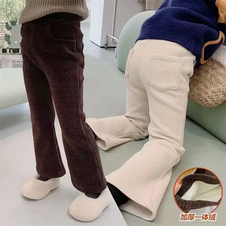 Girls' Pants Autumn and Winter Children's Fleece-Lined Bell-Bottom Pants Baby Thick Corduroy Fashionable Fleece-Lined Trousers