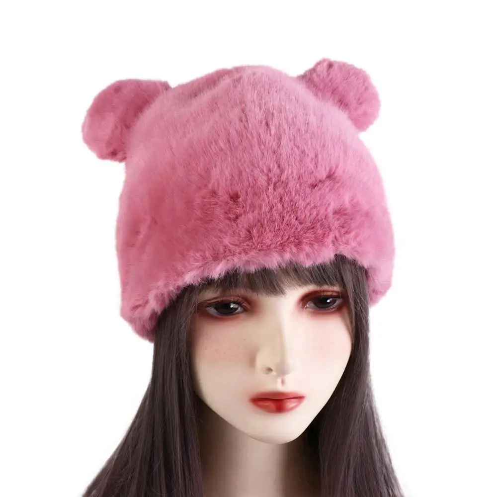 Cute Cat Ear Plush Beanies Thicken Rabbit Fur Bear Ear Cap Fishman Cap All-match Winter Bucket Hat Female/Girls