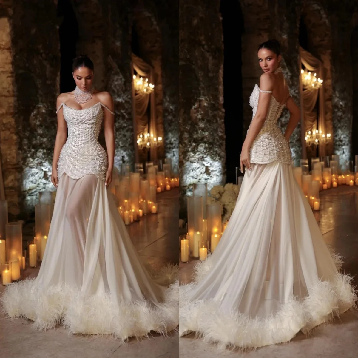 Fashion Wedding Dresses Pearls Sequins Mermaid Bridal Gowns Off Shoulder Feather Illusion 2 Pieces Customized Vestidos De Novia
