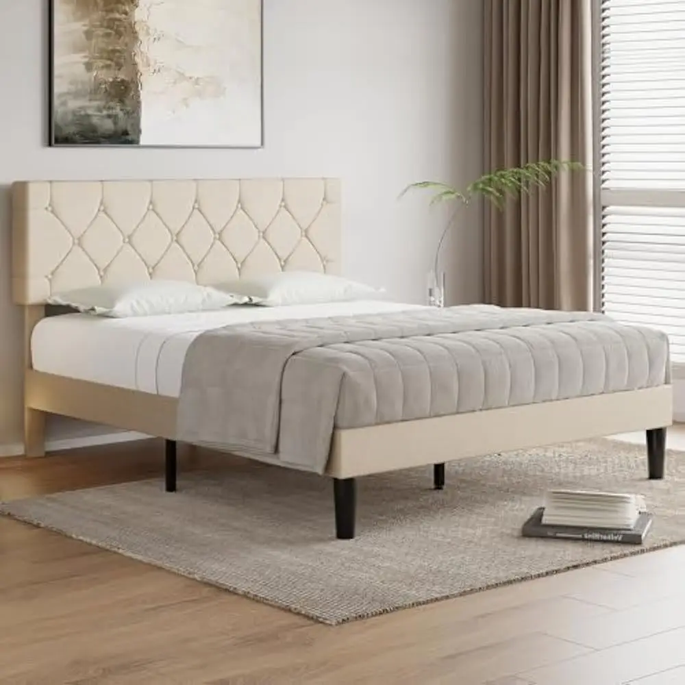 Estrutura de cama queen size com cabeceira tufada de botão, plataforma com suporte de ripas de madeira, sem necessidade de molas, estrutura de cama