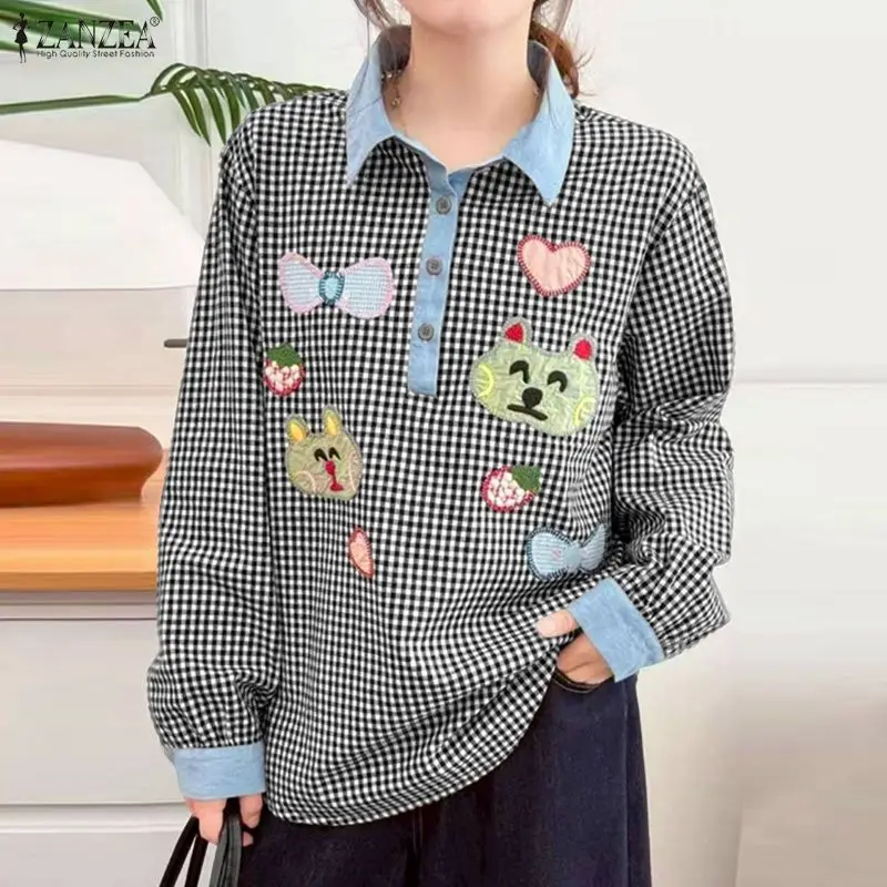 

Женские модные топы ZANZEA: рубашки с длинным рукавом, винтажная блузка в клетку с принтом, пэчворк, отложной воротник, повседневные свободные блузы для офиса, 2026