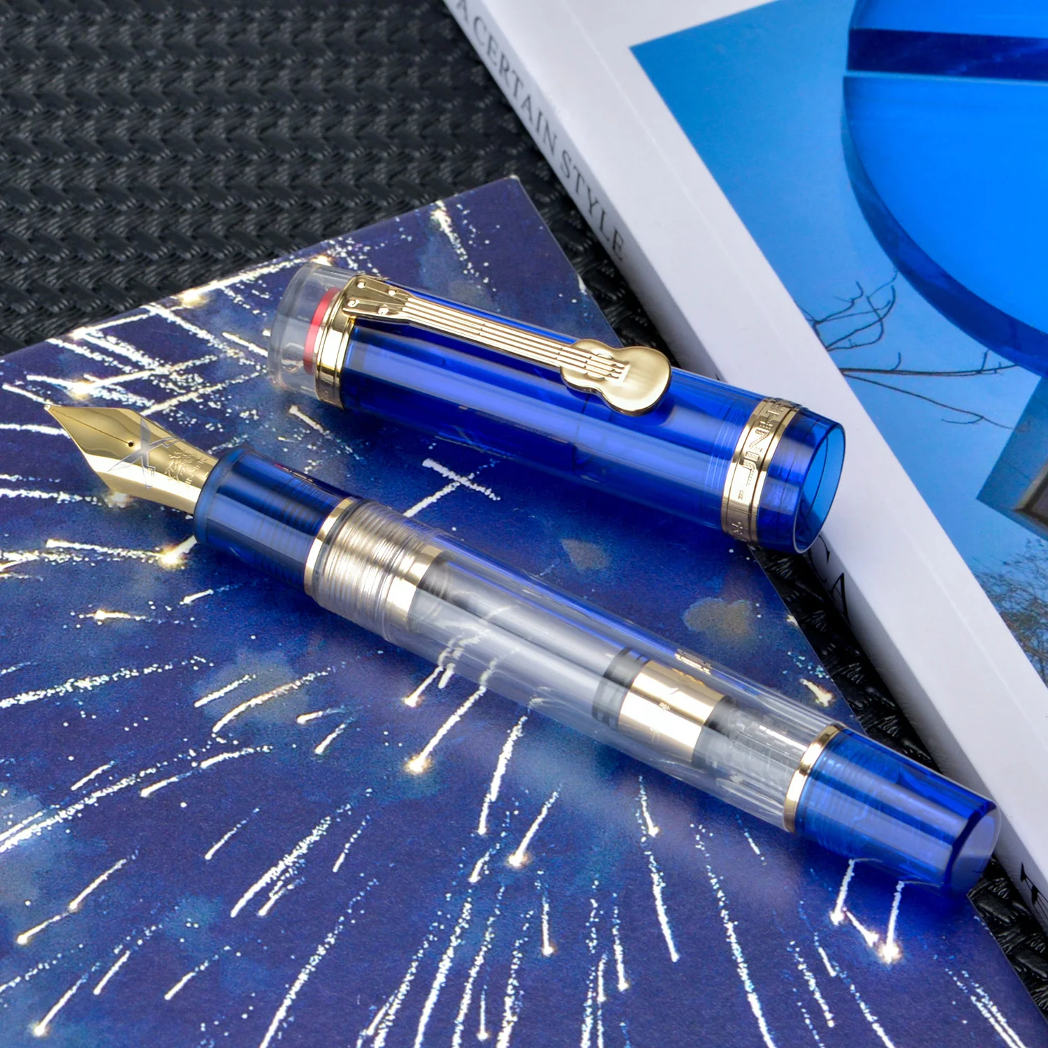 Jinhao 1935 Tiandao pena seri air mancur #8 F/M Nib dengan klip gitar, pena tulis Resin transparan dan biru & konverter besar