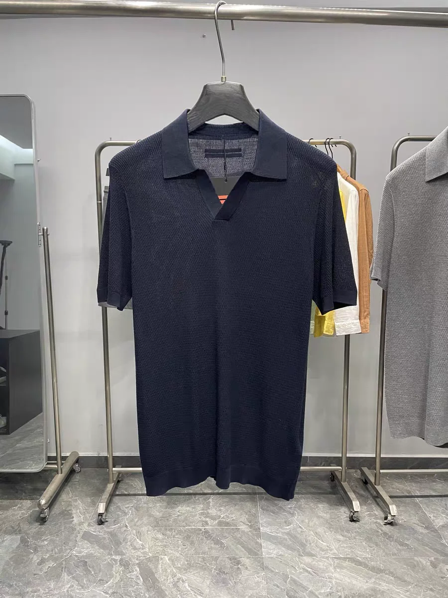 

Italian Luxury Men's Casual V-Neck Shirt Breathable Short Sleeve Business Simple Style Summer Fashion Knitted Sweater