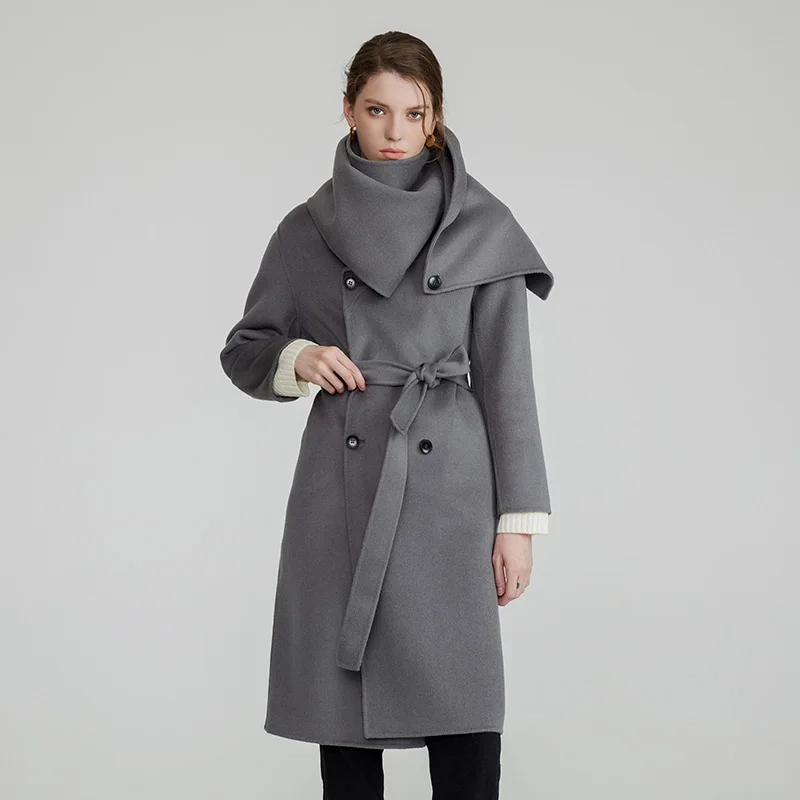 

Women Handmade Coat Double-sided Wool Long Woolen Coat With Belt Female Luxury Solid Color Scarf Collar Overcoat QN5918