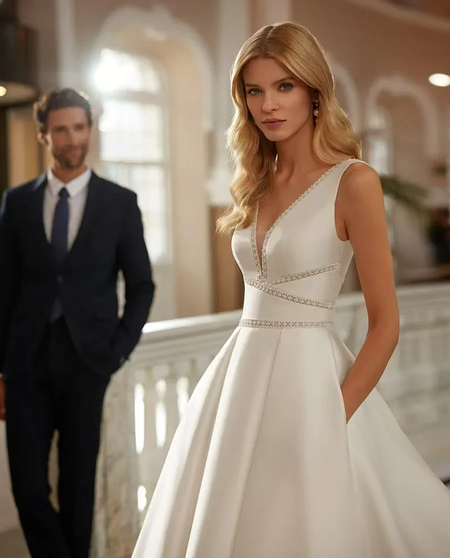2025 elegante simples com decote em v vestidos de casamento de cetim para as mulheres a linha trem varredura sem costas vestido de noiva vestidos de novia personalizado