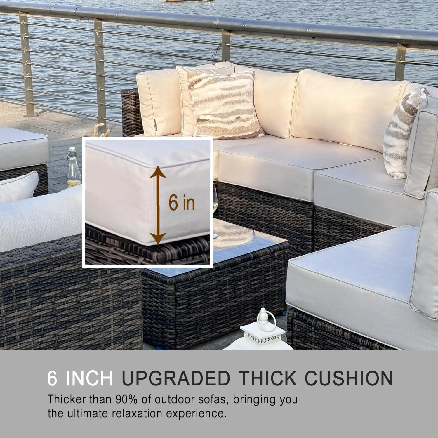 8 piece Wicker Outdoor Patio Sectional Furniture Set with 6 Inch Thick Cushion, Coffee Table, Raincovers, Pillows,Brown & Beige