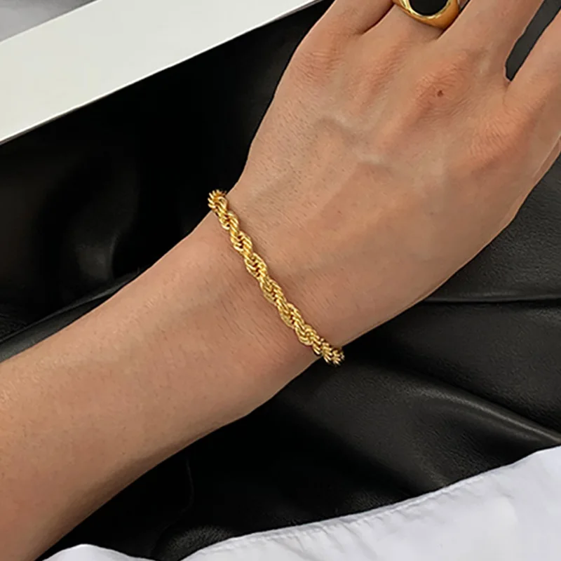 Simple Stainless Steel Rope Chain Bracelets on Hand 4MM Gold Color Women's Bracelet Minimalist Fashion Hip Hop Jewelry C048