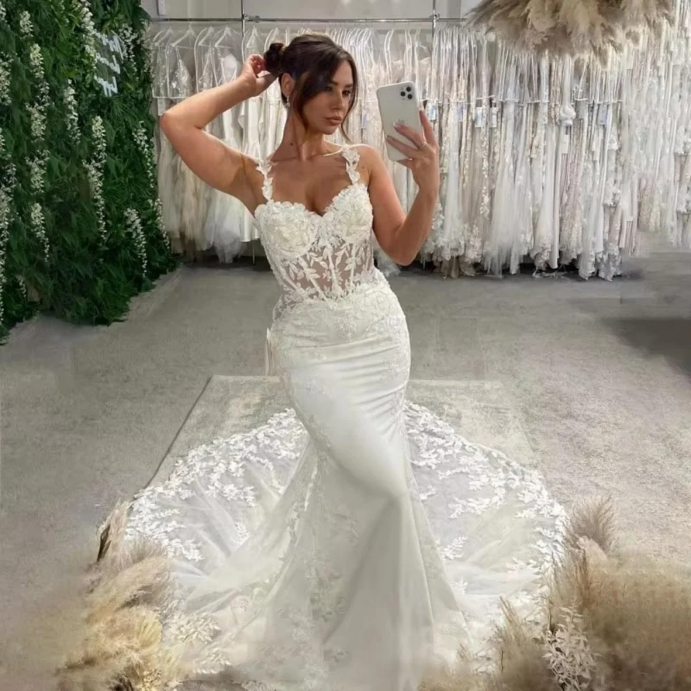 

Boho V-neck Mermaid Wedding Dresses Sexy Lace Applique Bridal Gown Charming Spaghetti Strap Vestidos De Novia Customized