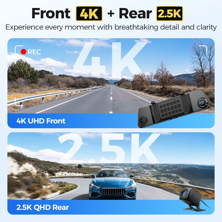4K+2.5k 2 Channel GPS Dash Cam Front and Rear Heat Cold Resistant IP68 Waterproof Camera Mirror Car Black Box