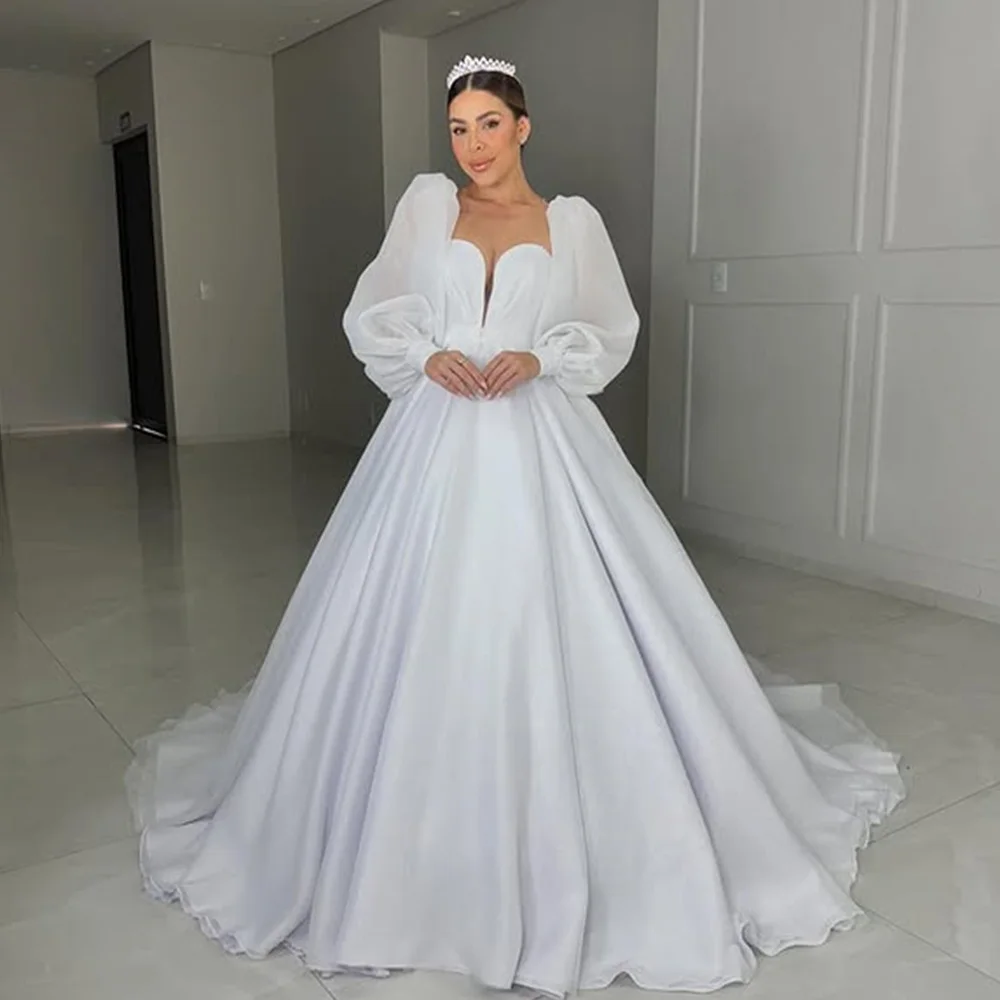 

Long Puff Sleeves Pleat V-neck Organza A Line Wedding Dresses Sweep Train Custom Made Vestido De Noival