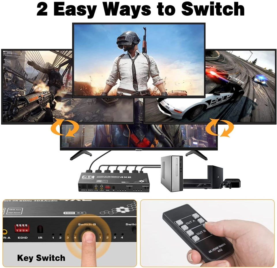 2023 4x2 HDMI Matrix Switch Splitter 4 In 2 Out 2 In 2 Out with SPDIF L/R 3.5mm HDR HDMI-compatible Switch ARC 4K@60Hz for PS5