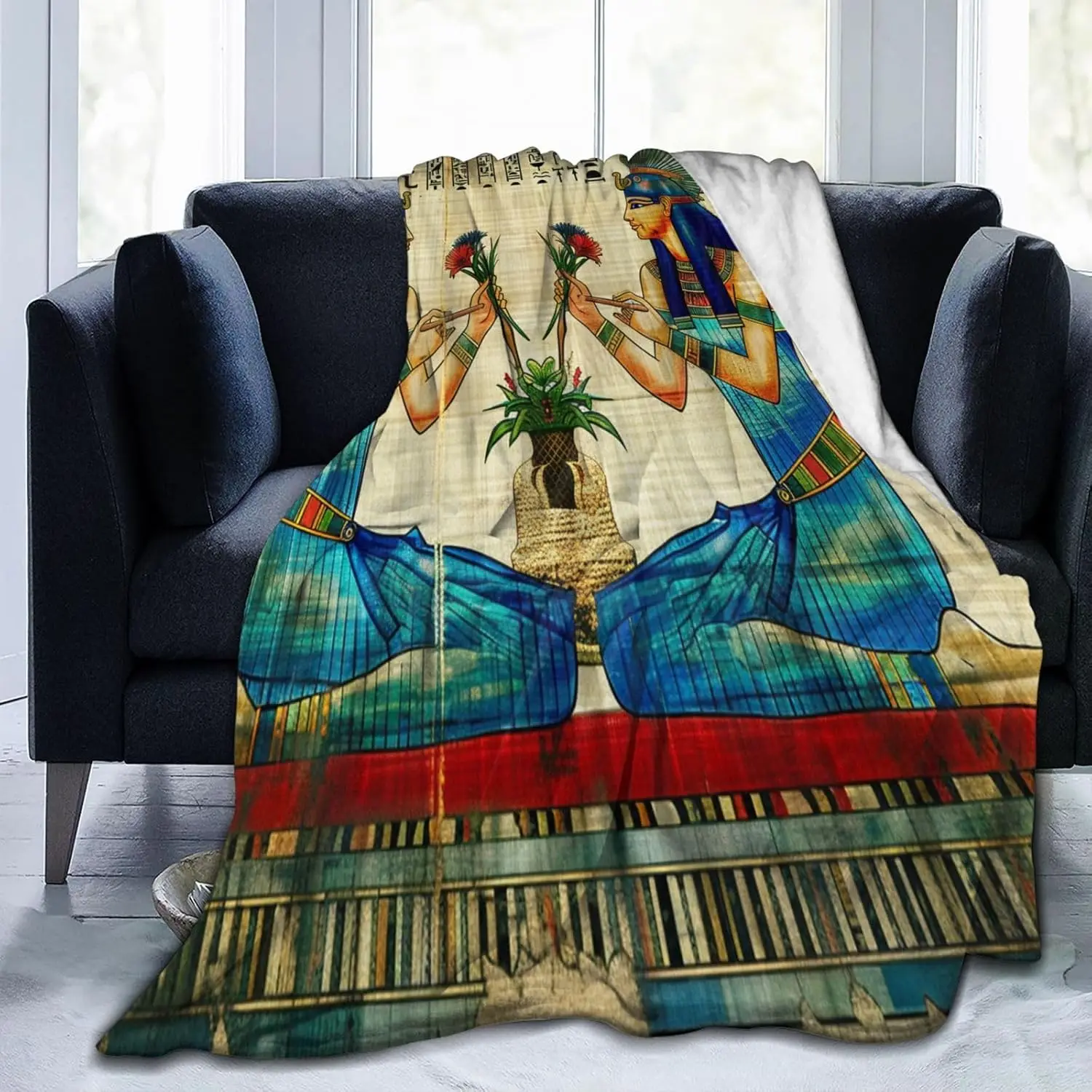 Throw Blanket Ancient Egyptian Women Papyrus Blankets Throws Soft Cozy Fuzzy Flannel Blanket for Bed Couch Sofa Chair Travel